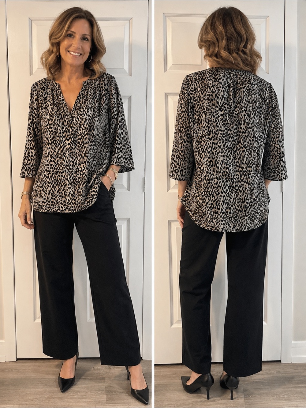 Dana Buchman Leopard Print V-Neck Blouse in Black and white Office Chic Animal